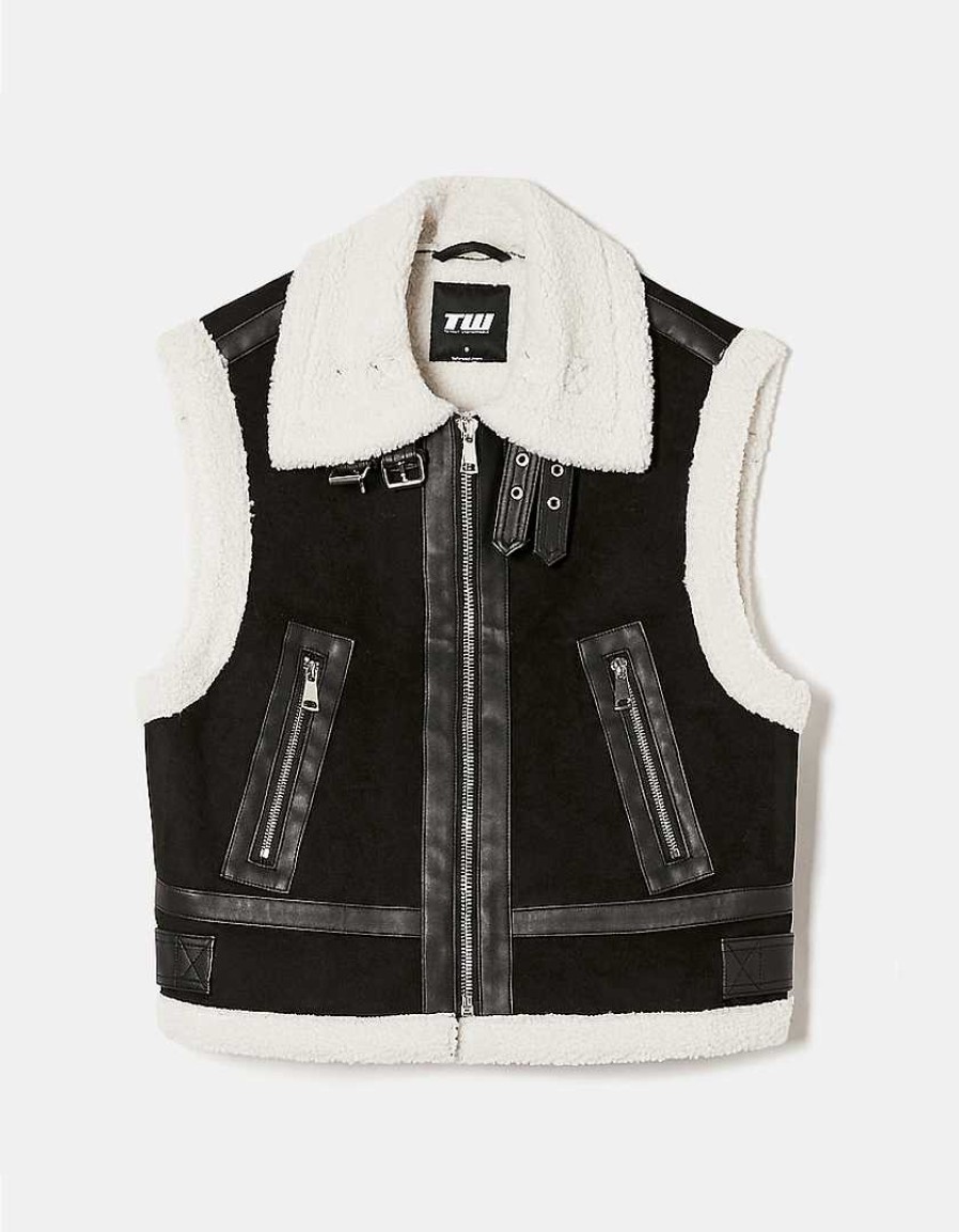 Vestiario Tally Weijl Giacche Nere | Gilet Da Aviatore Senza Maniche In Finta Pelle Scamosciata Nero