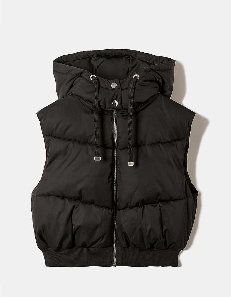 Vestiario Tally Weijl Giacche Nere | Gilet Imbottito Corto Con Cappuccio Rimovibile Nero