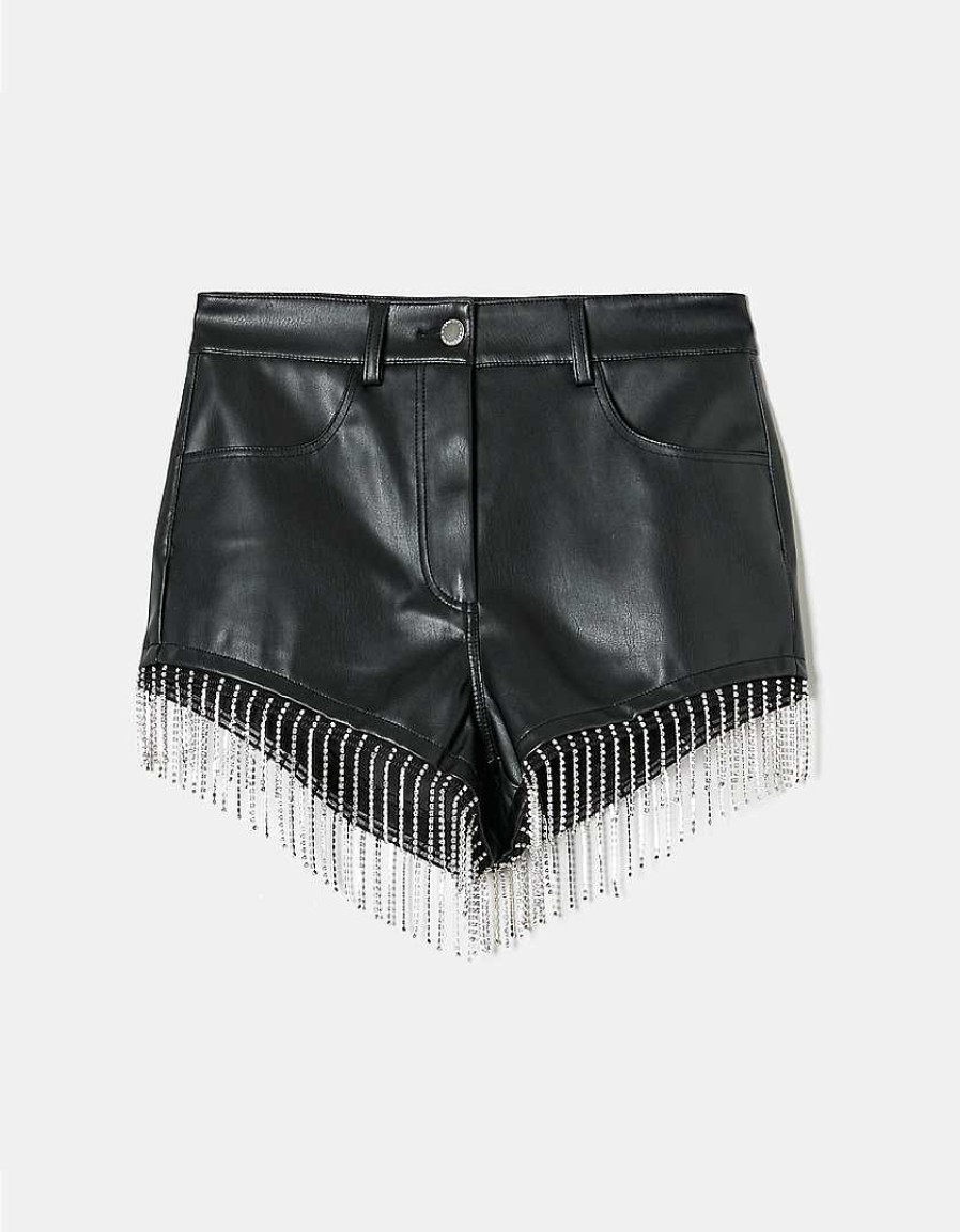 Vestiario Tally Weijl | Shorts In Ecopelle Con Strass A Cascata Nero