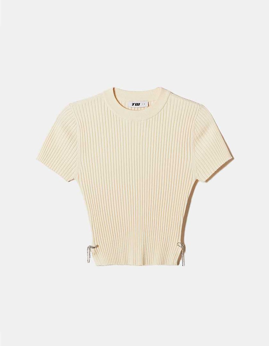 Vestiario Tally Weijl | Top Lavorato A Maglia Beige Con Dettaglio Laterale Fantasia Bianco