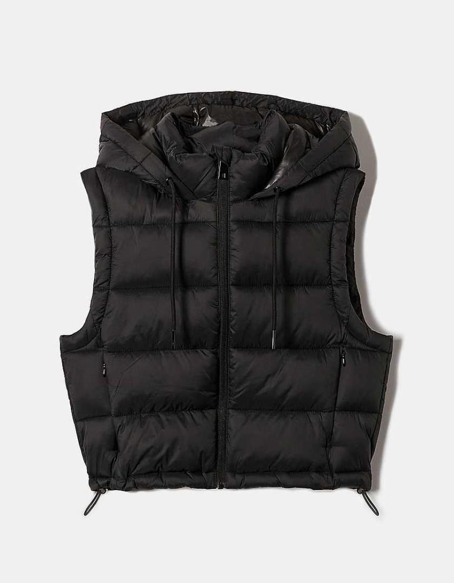 Vestiario Tally Weijl Giacche Nere | Gilet Imbottito Corto Con Cappuccio Nero