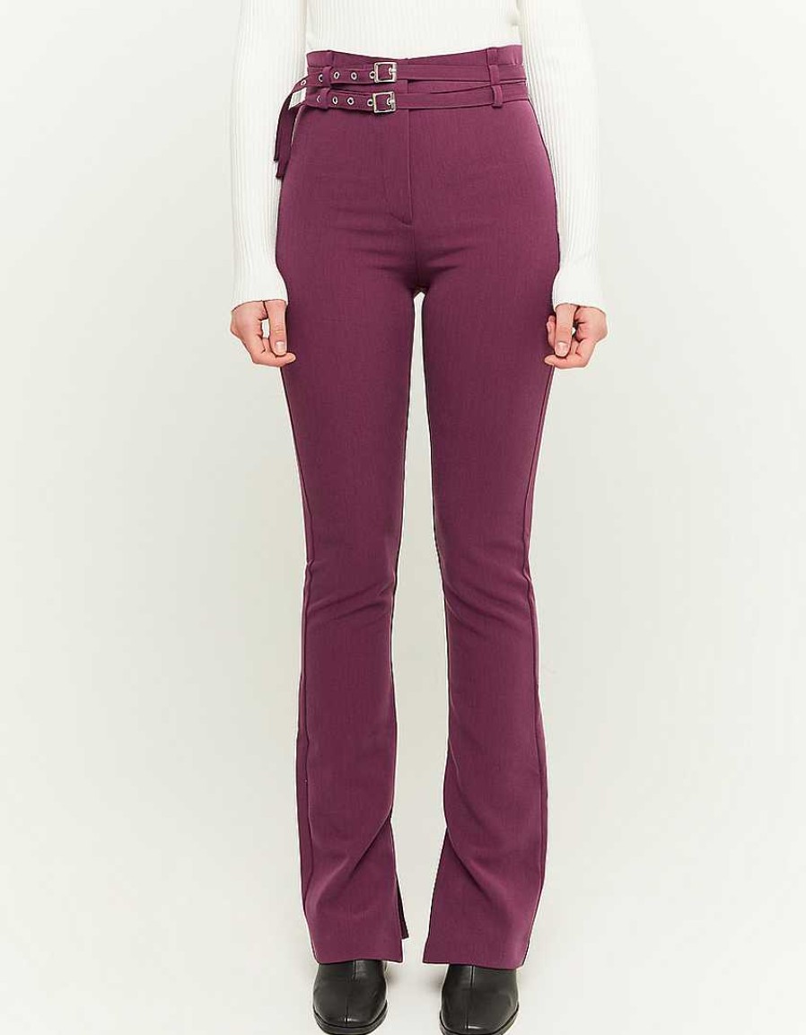 Vestiario Tally Weijl Pantaloni A Vita Alta | Pantaloni A Zampa Bordeaux Con Cintura Viola