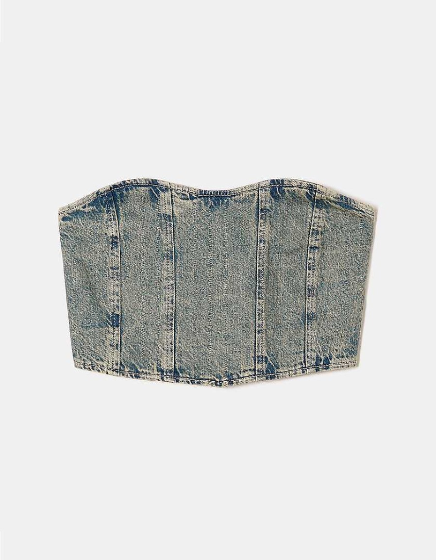 Vestiario Tally Weijl Top Corti | Top Corto A Corsetto In Denim Blu