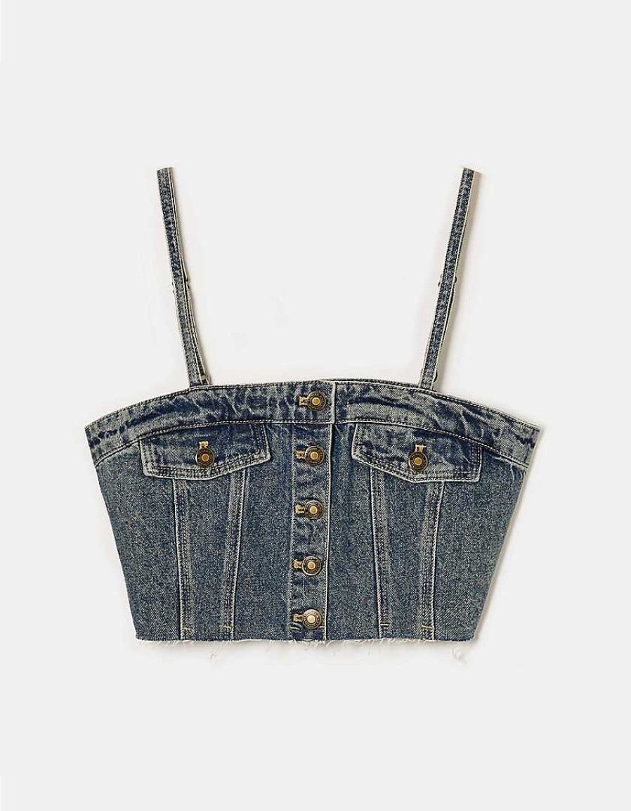 Vestiario Tally Weijl Top Corti | Top A Corsetto In Denim Con Spalline Blu