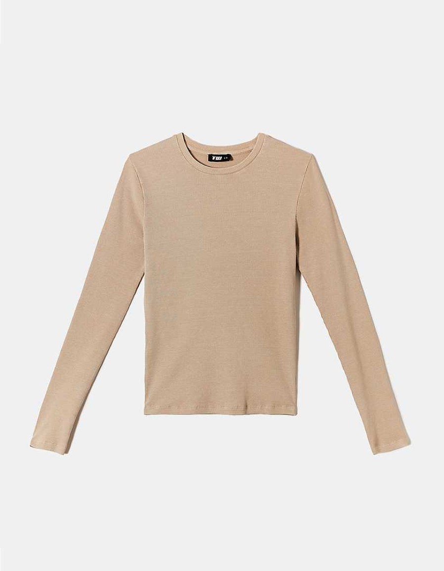 Vestiario Tally Weijl | T-Shirt A Maniche Lunghe Con Lavaggio Acido Beige