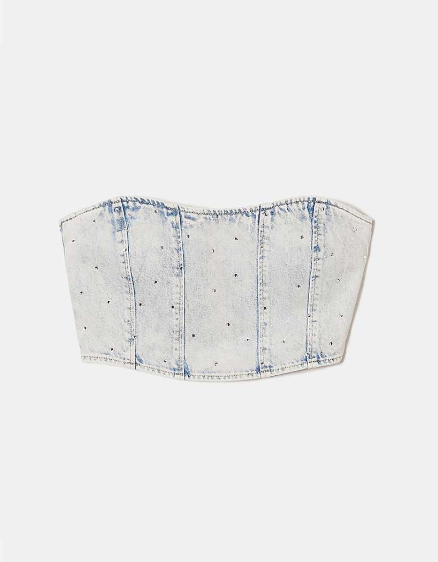 Vestiario Tally Weijl Top Corti | Top A Corsetto In Denim Con Strass Blu