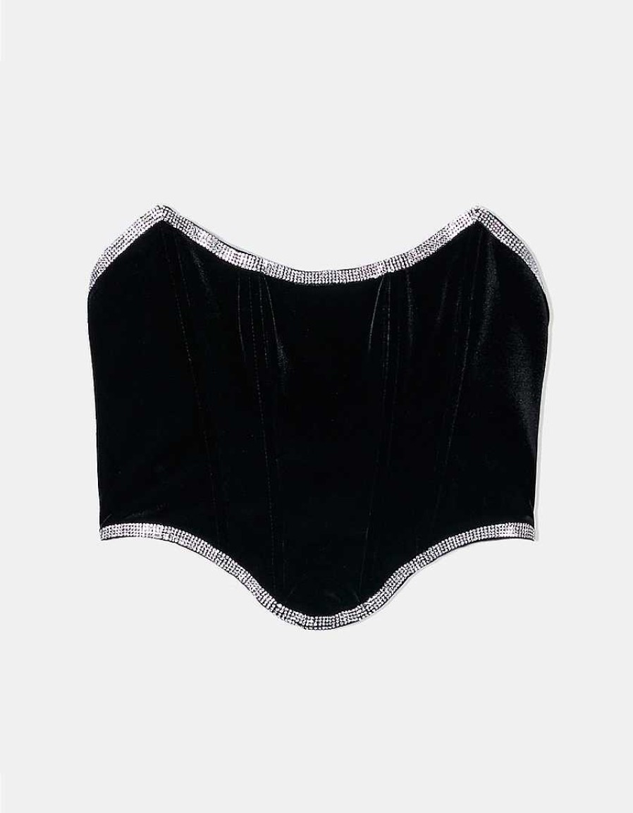 Vestiario Tally Weijl Top Neri | Top Bustier In Velluto Con Strass Nero