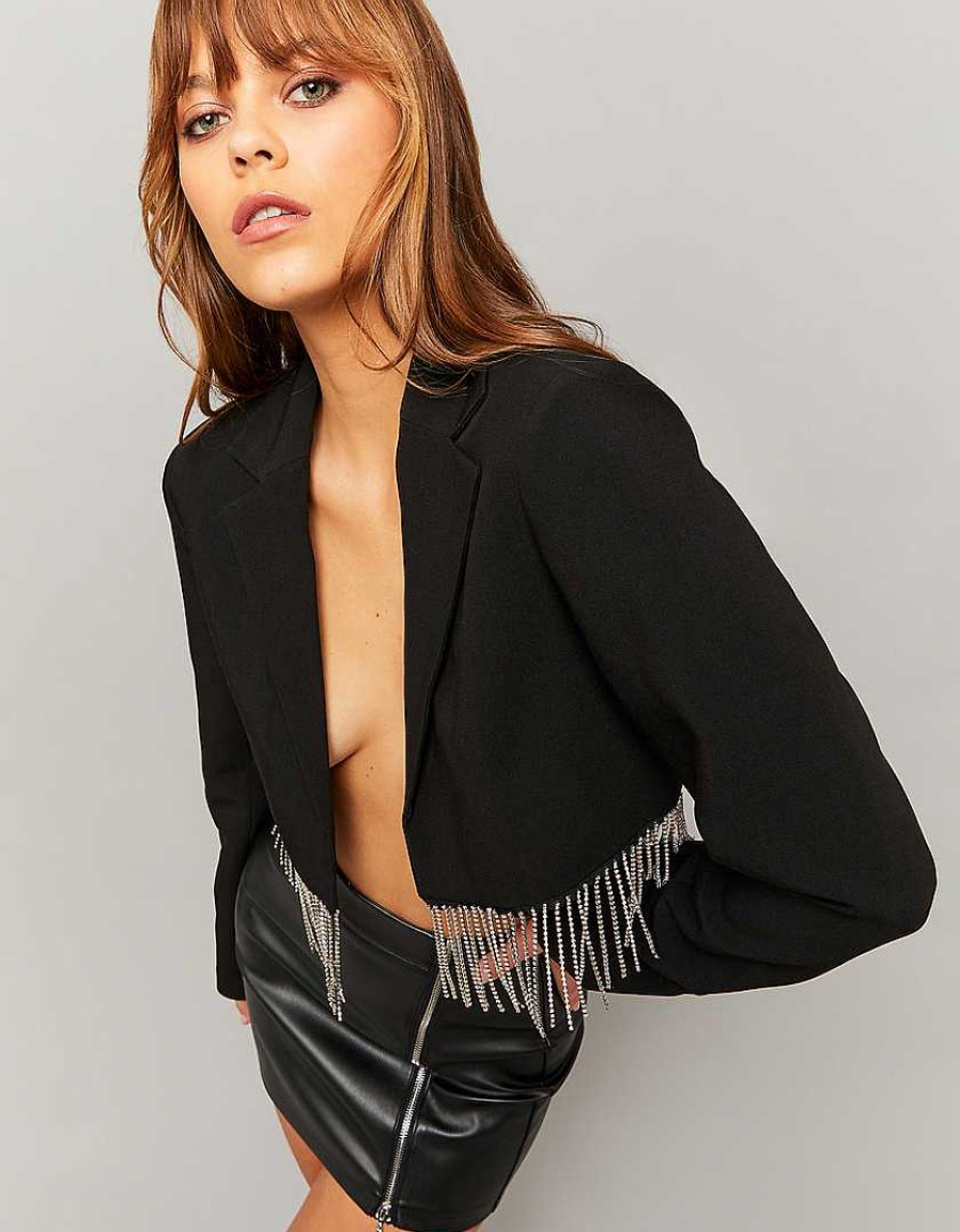 Vestiario Tally Weijl Blazer | Blazer Cropped Con Strass A Cascata Nero