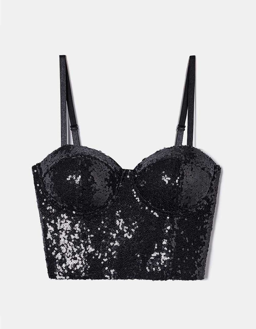 Vestiario Tally Weijl Top Neri | Top A Corsetto Con Paillettes Nero