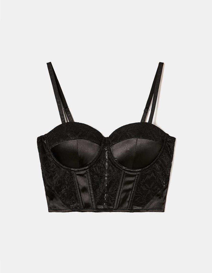 Vestiario Tally Weijl Top Neri | Top Bustier In Raso E Pizzo Nero