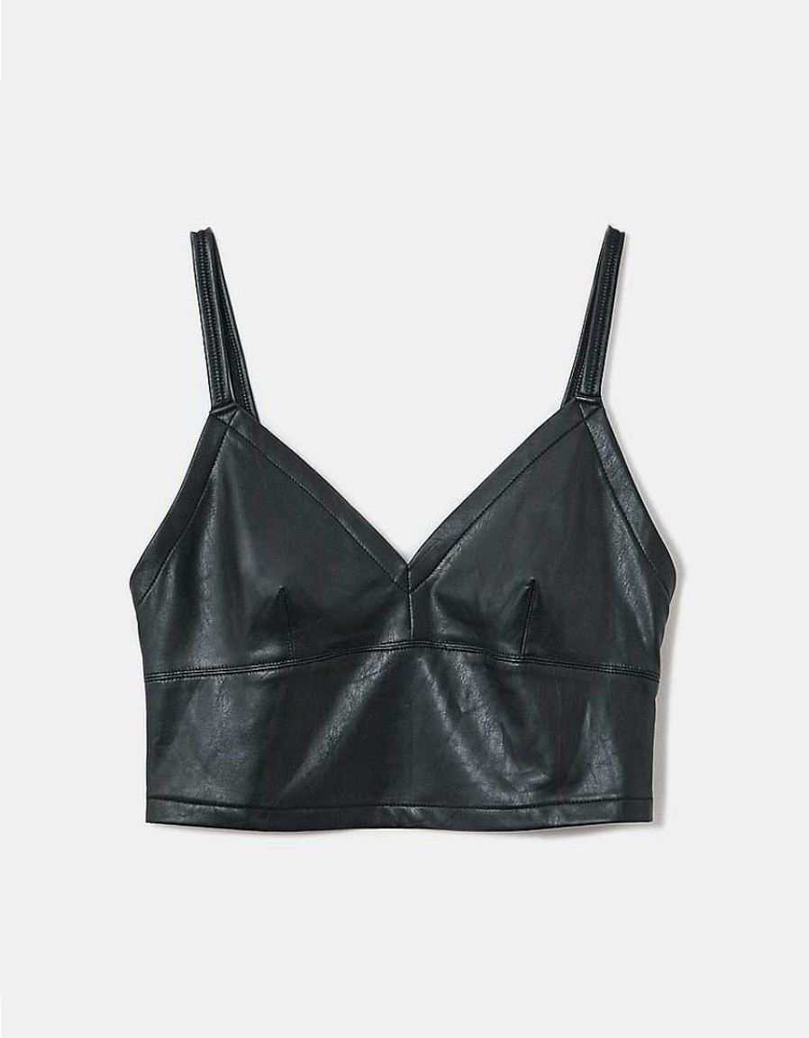 Vestiario Tally Weijl Top Neri | Top Corto In Ecopelle Nero