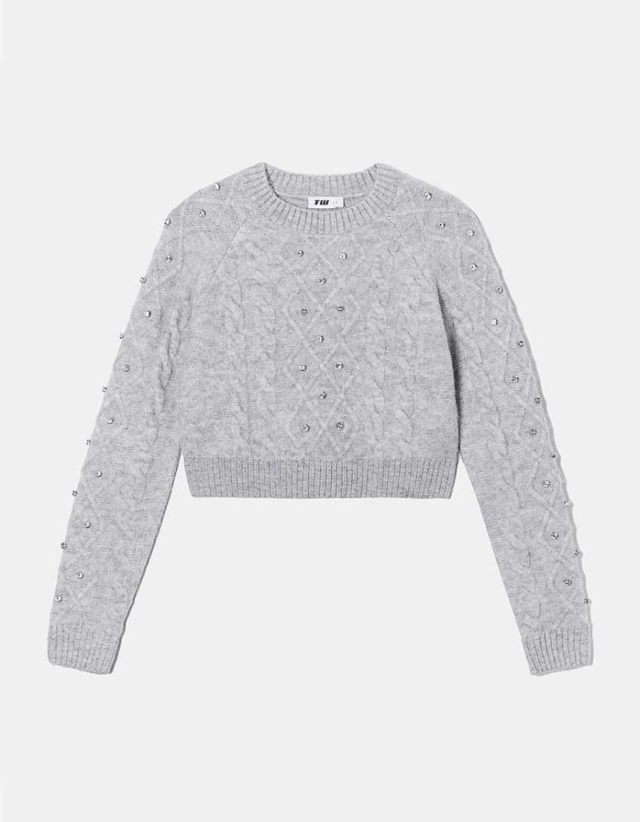 Vestiario Tally Weijl | Maglione Lavorato A Trecce Con Strass Grigio