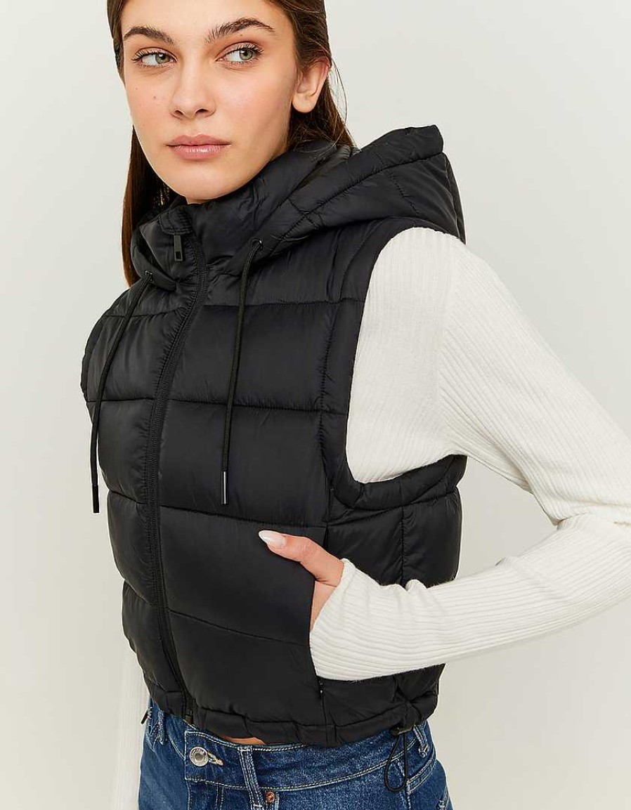 Vestiario Tally Weijl Giacche Nere | Gilet Imbottito Corto Con Cappuccio Nero