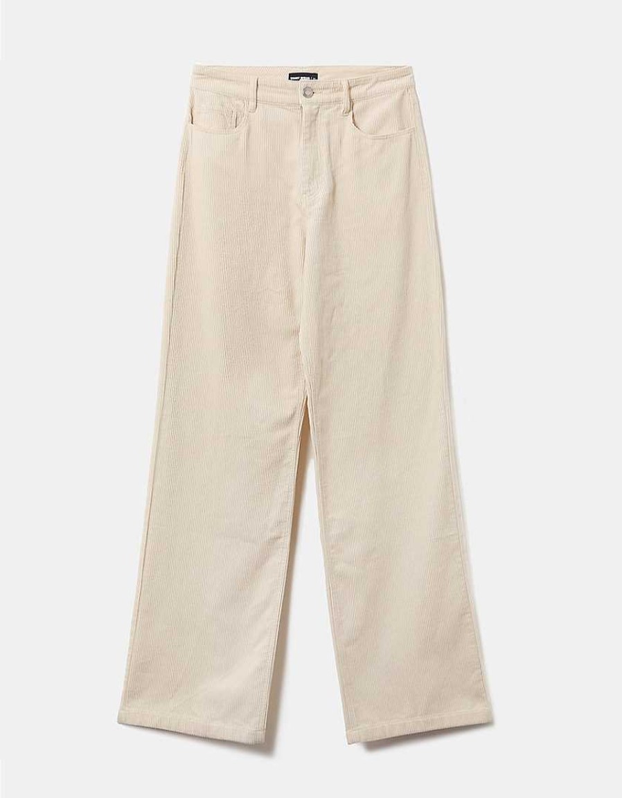 Vestiario Tally Weijl Pantaloni Bianchi | Pantaloni In Velluto A Coste A Gamba Larga A Vita Alta Bianco